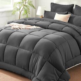 Shus24cf02dg8888 Sunstyle Home Dark Grey Full/queen Comforter Set - 7 Pieces Bed In A Bag Lightweight Goose