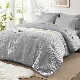Shus24cf03lg8888 Sunstyle Home Full/queen Comforter Set 7 Pieces Light Grey Seersucker Bed In A Bag Lightwe