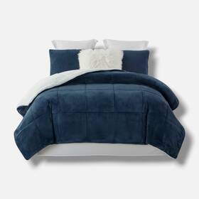 Swift Home 840970161581 Blue Plush Faux Fur And Sherpa Reversible Comforter Set Full/queen