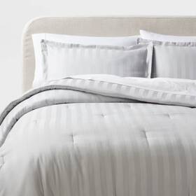 Threshold 197543382158 3pc Full/queen Luxe Striped Damask Comforter And Sham Set Light Gray