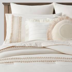 83898802 Threshold 12pc Queen Somerton Fringe Stripe Comforter And Sheet Bedding Set White/natural