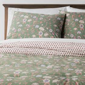 87206164 Threshold 3pc King Boho Reversible Printed Comforter And Sham Set Green Floral