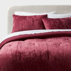 88666019 Threshold 3pc Full/queen Luxe Distressed Crinkle Velvet Comforter And Sham Set Berry Red