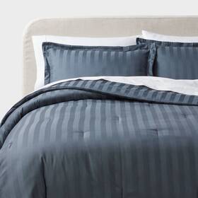 88666029 Threshold 3pc Full/queen Luxe Striped Damask Comforter And Sham Set Slate Blue
