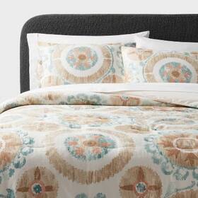 89209605 Threshold Comforter Set Cotton Sateen Suzani Boho Ivory/light Teal Blue King