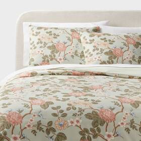 89209793 Threshold King Trad Floral Print Duvet And Sham Set Light Sage Green/light Pink/white