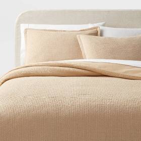 89211313 Threshold Full/queen Washed Waffle Weave Duvet Cover And Sham Set Wheat -