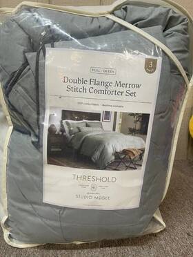 86298213 Threshold Designed W/studio Mcgee Full/queen Double Flange Merrow Stitch Duvet Cover And Sham Set Light Teal New