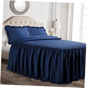 16t003657 Triangle Home Fashions Ruffle Skirt Bedspread Set - 3-piece Luxurious Farmhouse Bedding King Navy