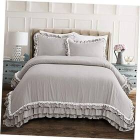 16t004407 Triangle Home Fashions Ella Ruffle Lace 3 Piece Set Full/- Cute - Bedding Queen Light Gray Comforter