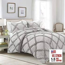 16t004452 Triangle Home Fashions Ruffle Diamond Comforter Queen Size 3 Piece Set - Full/queen Light Gray