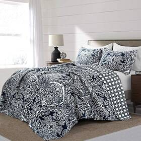 16t004962 Triangle Home Fashions Full Queen Navy Aubree Quilt Paisley Damask Print Pattern Reversible 3