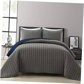 16t005866 Triangle Home Fashions Soft Stripe All Season 3 Piece Quilt/coverlet Set King Gray And Navy