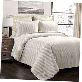 16t008114 Triangle Home Fashions Farmhouse Drew Stripe Silver-infused 5 Piece Comforter Set Full/queen Neutral