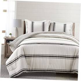 21t010996 Triangle Home Fashions Farmhouse Stripe Reversible Cotton Comforter Set 3 Piece King Black