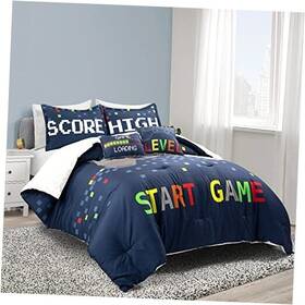 21t012001 Triangle Home Fashions Video Games Reversible Oversized 5 Piece Comforter Set Full/queen Navy