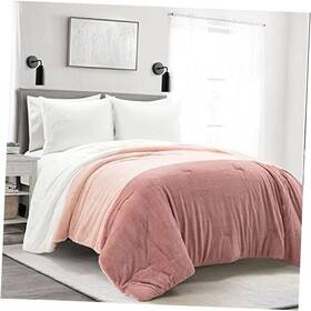 21t012806 Triangle Home Fashions Farmhouse Color Block Soft Fluffy Faux Fur All Season Kids Twin Dusty Rose