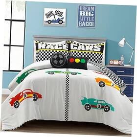 21t012837 Triangle Home Fashions Racing Cars Reversible Oversized 5 Piece Comforter Set Full/queen White