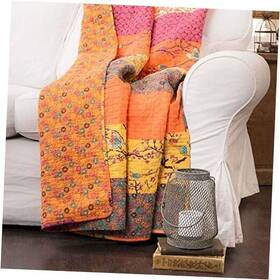 C19924p14-000 Triangle Home Fashions Tangerine Royal Empire Throw-floral Stripe Reversible Design