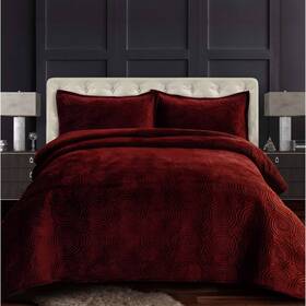 80431127 Tribeca Living 3pc King Capri Medallion Velvet Oversized Solid Quilt Set Burgundy -