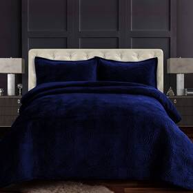 80431131 Tribeca Living 2pc Twin Capri Medallion Velvet Oversized Solid Quilt Set Navy Blue