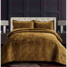 80431132 Tribeca Living 3pc Queen Capri Medallion Velvet Oversized Solid Quilt Set Camel -