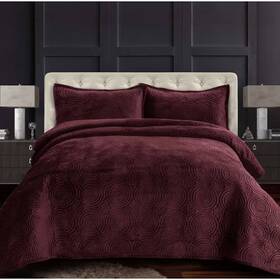 80431135 Tribeca Living 3pc Queen Capri Medallion Velvet Oversized Solid Quilt Set Plum -