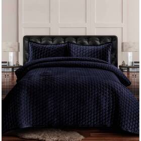 80431154 Tribeca Living 3pc King Lugano Honeycomb Velvet Oversized Solid Quilt Set Indigo -