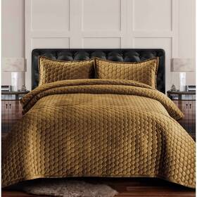 80431162 Tribeca Living 3pc Queen Lugano Honeycomb Velvet Oversized Solid Quilt Set Camel
