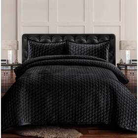 80431175 Tribeca Living 3pc King Lugano Honeycomb Velvet Oversized Solid Quilt Set Steel Gray