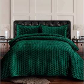 80431178 Tribeca Living 3pc King Lugano Honeycomb Velvet Oversized Solid Quilt Set Emerald Green