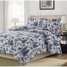 80846952 Tribeca Living King 3pc Mountain Toile Printed Cotton Flannel Duvet Set Navy Blue