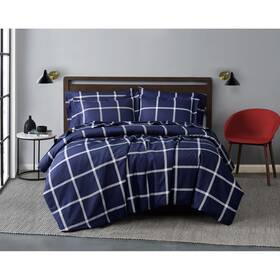 Truly Soft 783048138675 Printed Windowpane White And Navy Polyester 2-piece Twin Comforter Set Geome