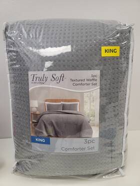 Truly Soft 783048231277 Textured Waffle 3 Piece Comforter Set King - Gray