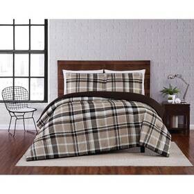 78632234 Truly Soft Full/queen 3pc Paulette Plaid Comforter Set Taupe -