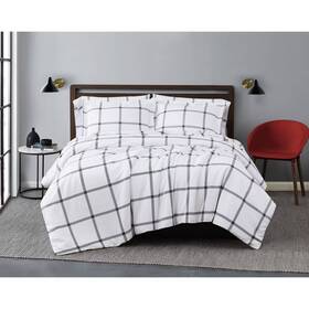 81462225 Truly Soft Full/queen 3pc Printed Windowpane Comforter Set Charcoal Gray/white -