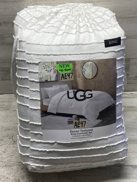 0888926150 Ugg Australia Devon Woven Textured King Comforter Reversible White Stripe Chenille