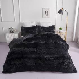 Ultra 313050051077 Faux Fur Plush Black Comforter Sets King - Soft Shaggy Flannel Velvet Fluf