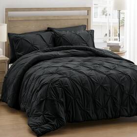 Unikome 705353377716 King Comforter Set Black Ultra Soft Boho Pintuck Down Alternative Bedding