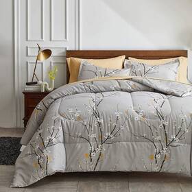 Uzbig02-k Uozzi Bedding Gray Comforter Sheet Set Bed In A Bag 7 Pieces King Size Tree Branch Bloom Flowe