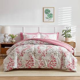Uzbig129-q Uozzi Bedding Pink Floral Comforter Sheet Set Bed In A Bag 7 Pieces Queen Size Gray Flower