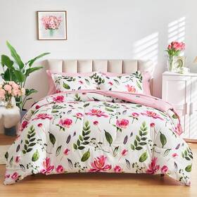 Uzbig178-q Uozzi Bedding Floral Comforter Sheet Set 7 Pieces Bed In A Bag Queen Size White With Green