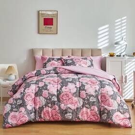 Uzbig186-q Uozzi Bedding Flower Comforter Sheet Set Gray Bed In A Bag 7 Pieces Queen Size Pink White Flor