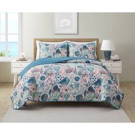85320644 Vcny King Ivory Coast Disperse Print 3pc Reversible Quilt Set Blue/green -
