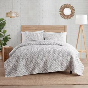 91942047 Vcny 2pc Twin Tufted Boho Abstract Floral Reversible Quilt Set Gray Microfiber