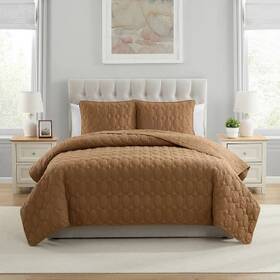 92594043 Vcny 3pc Full/queen Circle Pinsonic Quilt Set Camel Hypoallergenic Microfiber