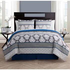 Vcny Home 445014750726 Beckham 8-piece Blue Damask Polyester Microfiber Queen Bed-in-a-bag Comforter Se