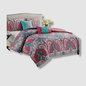 Vcny Home 735732189715 Red 5-piece Multicolor Damask Reversible Comforter Set- King