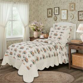 90406 Vhc Brands Rosehill Cottage Floral Scalloped Cotton Twin Quilt Set 3pc