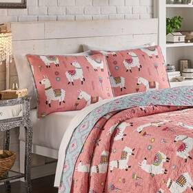 53623721 Vue 3pc Full/queen Llama Drama Reversible Quilt Set Coral/blue -